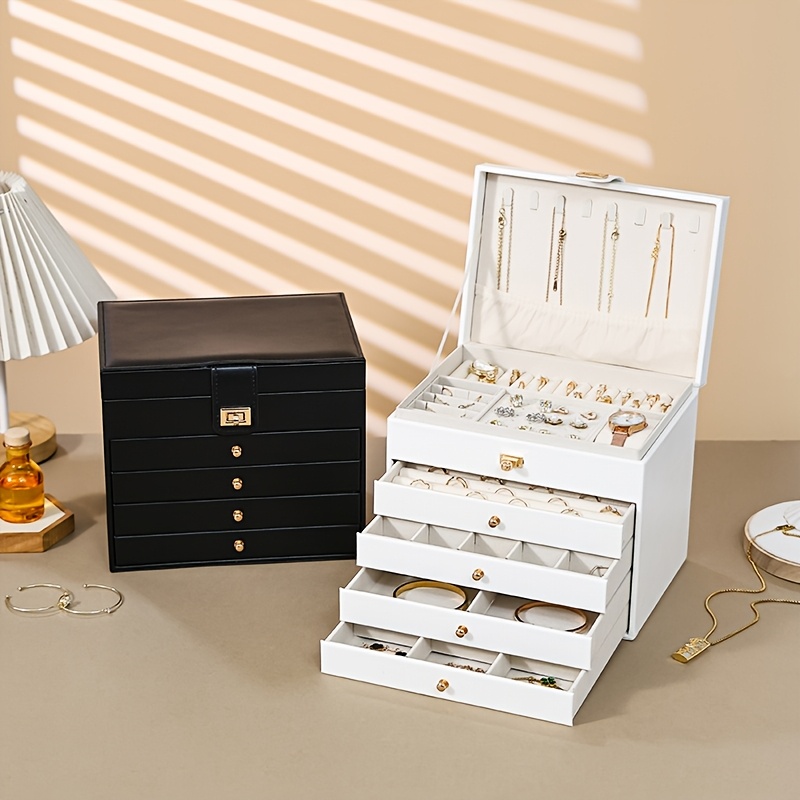 Elegant 5-Layer Beige and Black Jewelry Storage Box, Gift for Her